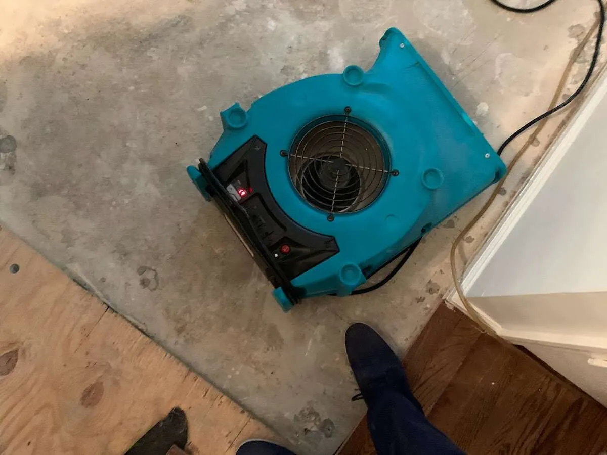 Air mover drying subfloor during Leak Detection & Repair in Syracuse